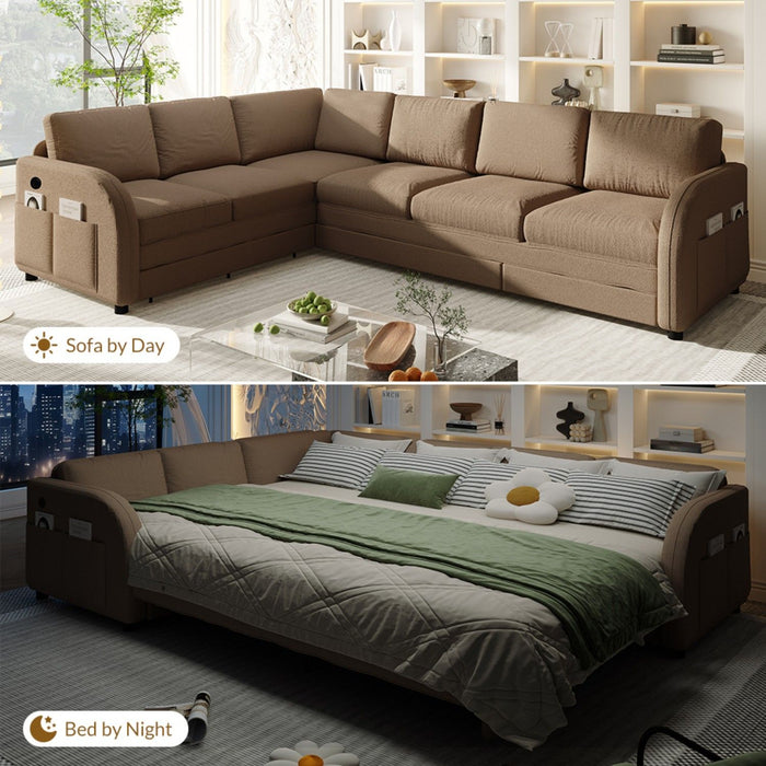 L-Shaped Couch With Pull-Out Bed, Convertible Sleeper Sofa With Side Pocket & USB Port