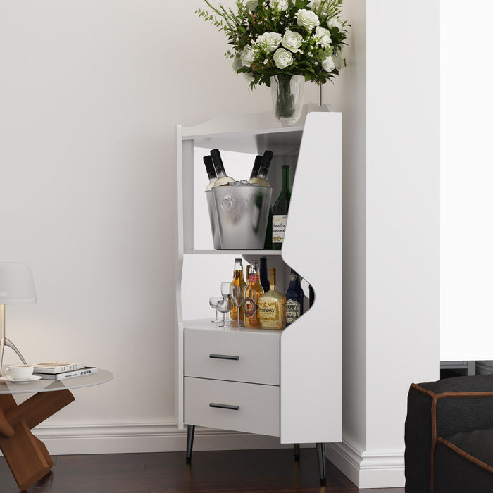 Corner Bar Cabinet With Mirrored Back, 2 Open Shelves & 2 Drawers, High Legs For Easy Cleaning