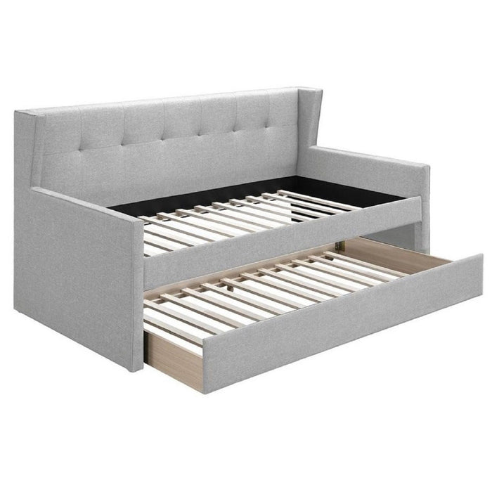 Daybed With Slat Trundle, Button Tufted - Light Gray