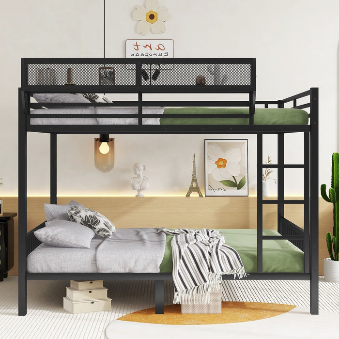 Queen Over Queen Bunk Bed With Ladder And Storage Shelf - Black