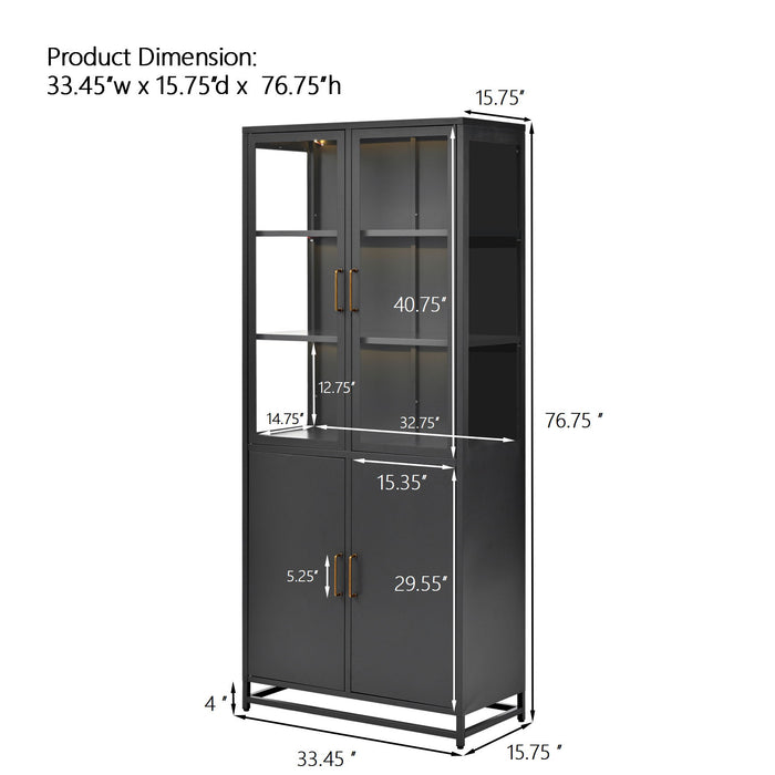 Modern Style Tall Steel Display Cabinet With Double Glass Doors, LED Lights