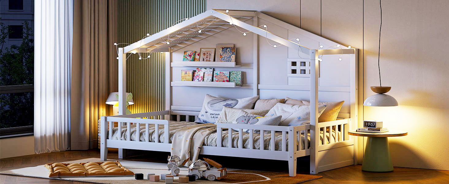 House Bed With Shelves, Window And Sparkling Light Strip On The Roof