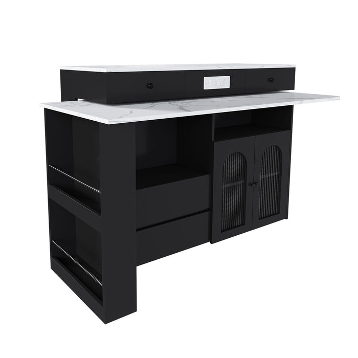 Kitchen Island With Extendable Rotating Table, 4 Drawers & Glass Door Cabinets, Built In Socket - Black