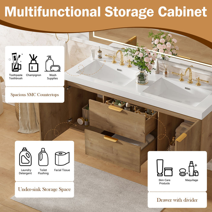 Double Sink Bathroom Vanity Soft Close Doors, Divided Drawers, Wall Mounted - Wood