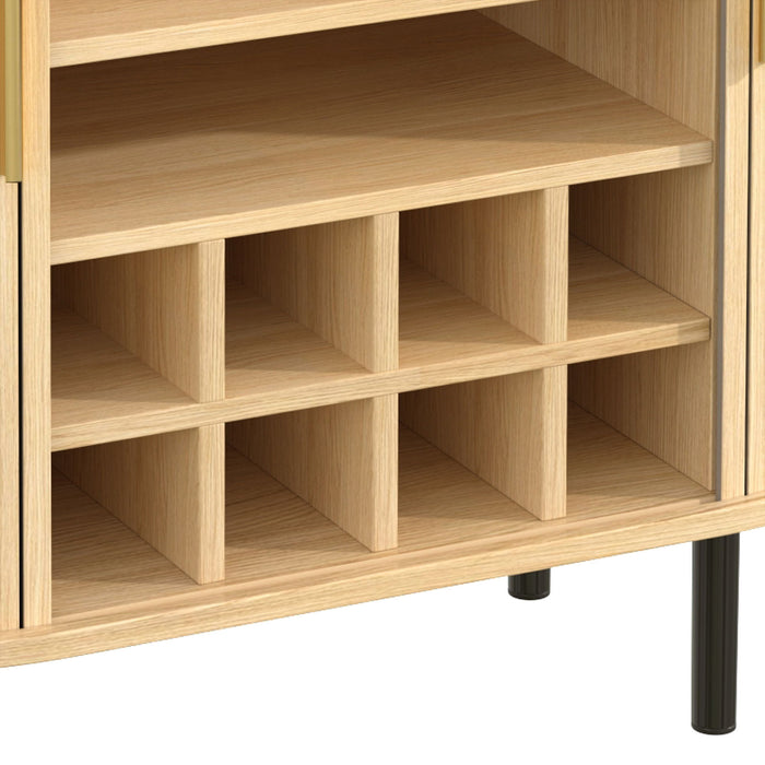Fluted Wine Bar Cabinet With 8 Grid Wine Rack, 5 Level Adjustable Shelves, 2 Glass Holders