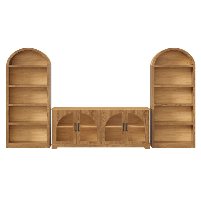 3 Piece TV Stand Set With Bookshelf With Arched Design For Living Room - Brown