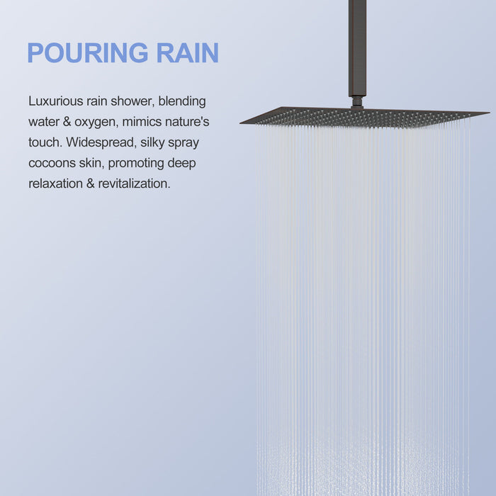 16" Square Rainfall Shower Head Fixed Wall Mount With Full Body Coverage & Self Cleaning Silicone Nozzles
