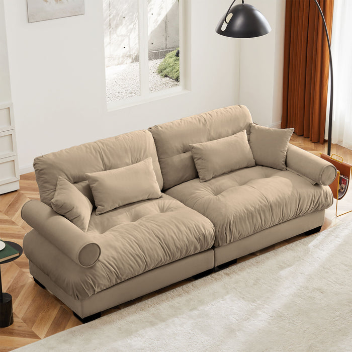 Modern Velvet Sofa With Bolstered Armrests And Pillows