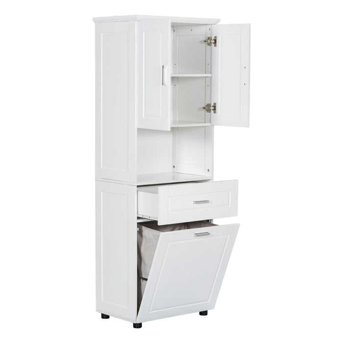 Tall Bathroom Cabinet With Tilt-Out Laundry Basket And Upper Storage