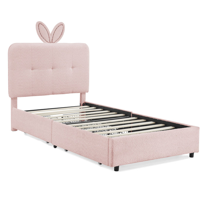 Upholstered Bed With Oversized Rabbit Ear Headboard, LED Lights & 4 Storage Drawers