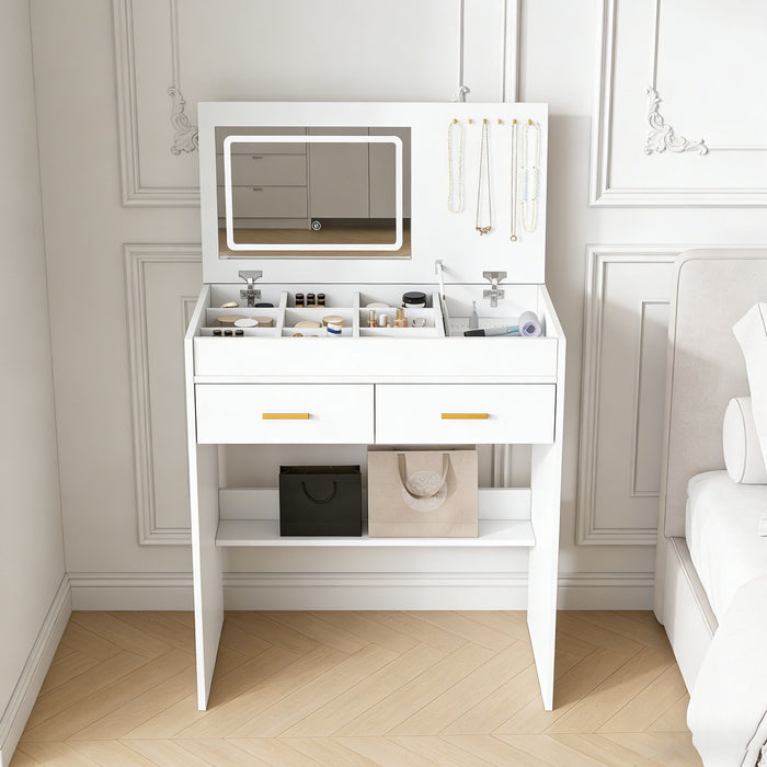 Flip Top Vanity Desk With LED Mirror & Outlet Makeup Table With 2 Drawers, Open Storage, And Jewelry Hooks - White