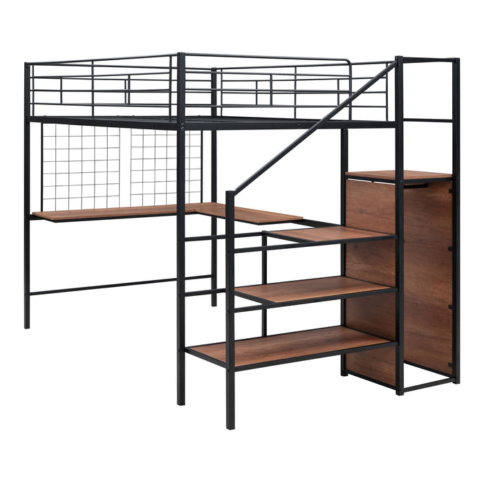 Loft Bed With Desk And Grid, Stylish Frame With Lateral Storage Ladder And Wardrobe