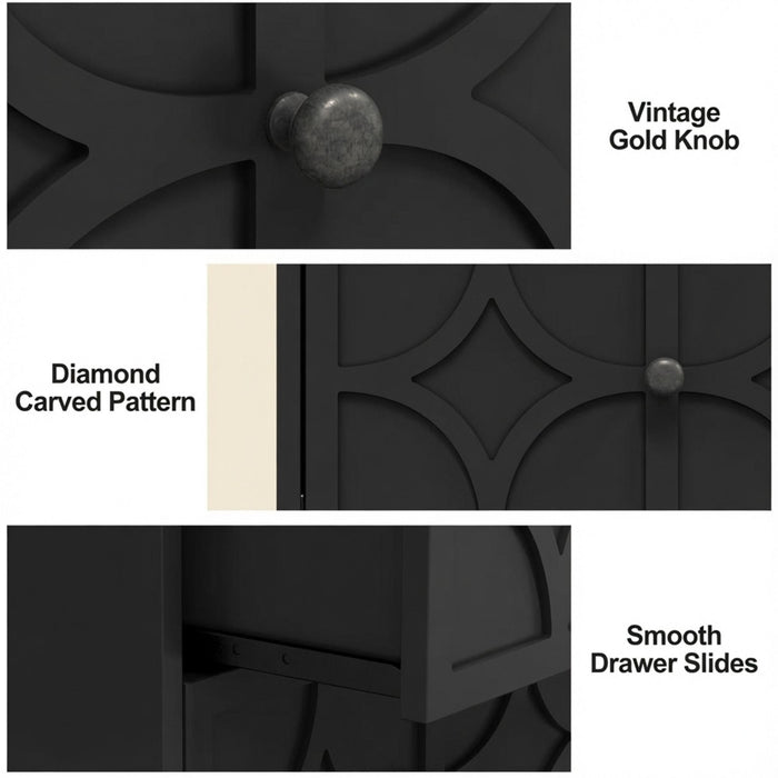 Nightstand With Diamond Carvings Handles, 2 Drawers & Charging Station