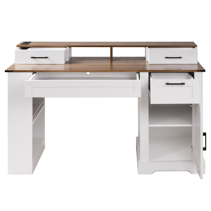 Office Desk With Storage Cabinet, Charging Station, Monitor Stand & Pegboard