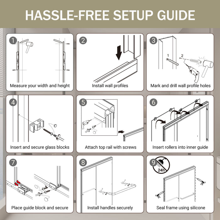 Double Sliding Shower Door, Semi-Frameless Bypass Bathroom Sliding Door With 1/4" (6 Mm) Tempered Glass For Walk-In Shower