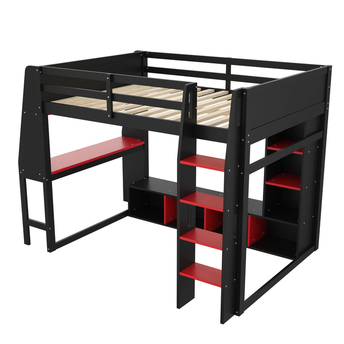 Gaming Loft Bed With Desk, Multi Storage Shelves, LED Lighting, And Hanging Clothes Rack