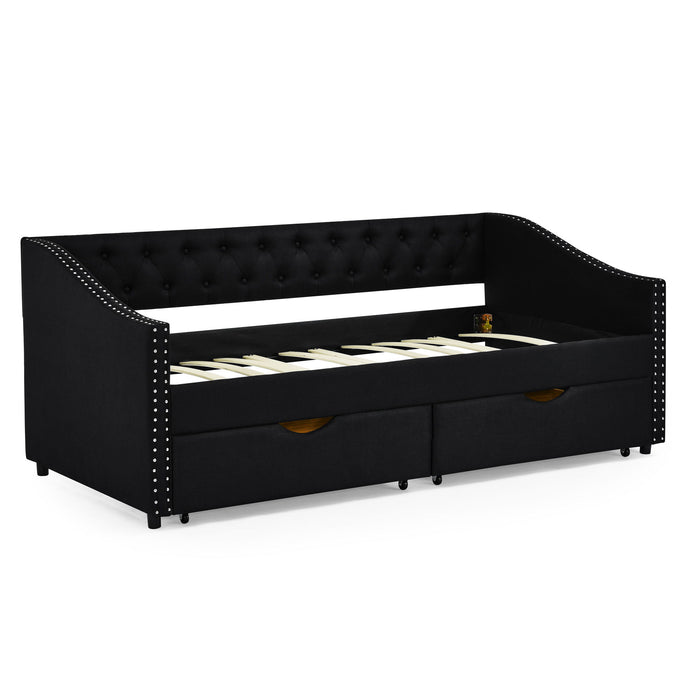 Upholstered Tufted Daybed With 2 Drawers, Waved Arms