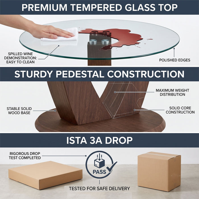 2 In 1 Round Glass Dining Table With Adjustable Curved Base, - Transparent / Walnut