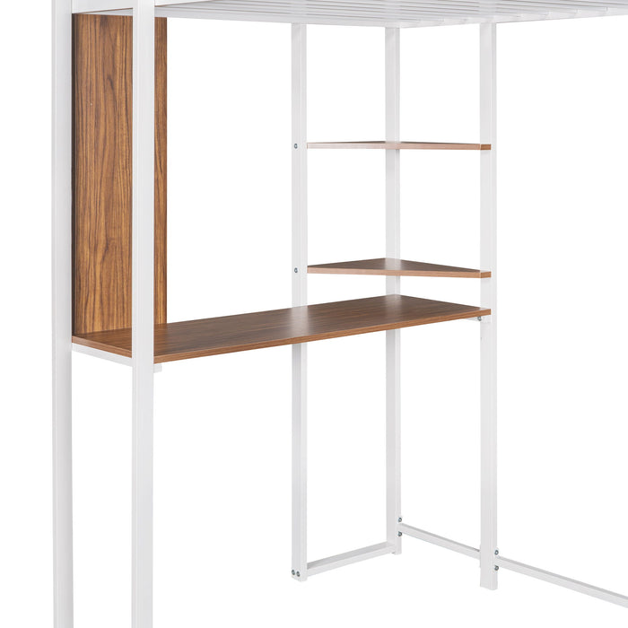 Hearth & Haven - Twin Metal Loft Bed With 2 Shelves And One Desk - White