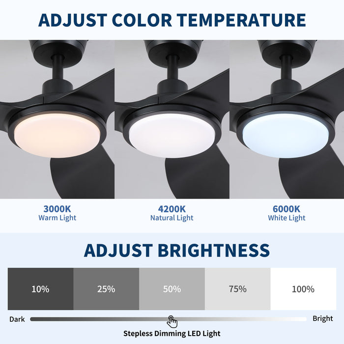 Outdoor Waterproof Ceiling Fan With Light And Quiet DC Motor, Blades For Bedroom - Black