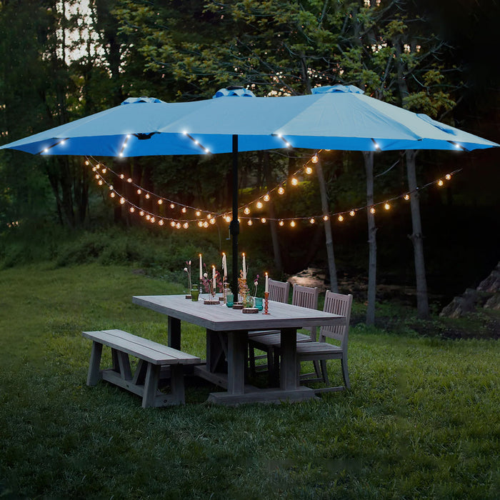 Double- Sided Outdoor Market Umbrella With Lights And Base