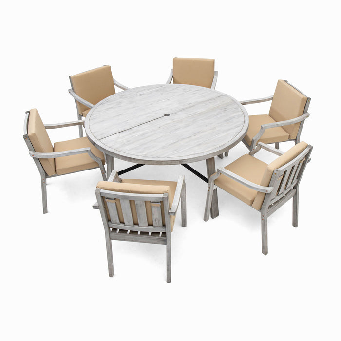 6 Person Outdoor Wooden Dining Set With Umbrella Hole And Removable Cushions For Patio - Gray