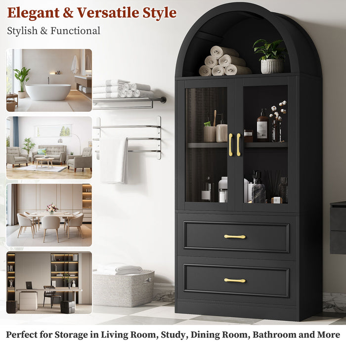 Arched Top Storage Cabinet With Fixed 2 Tier Shelves, 2 Large Drawers