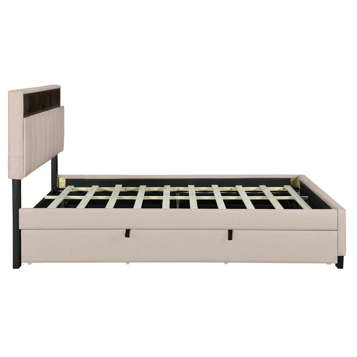Upholstered Platform Bed With Storage Headboard, Trundle & 2 Drawers And A Set Of Sockets & USB Ports