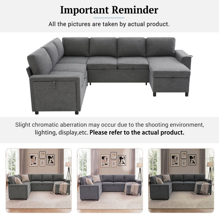 U - Shaped Convertible Sectional Sofa Bed With Storage, USB Charger & Cup Holders