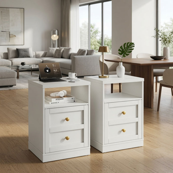 Nightstand With Door & Shelf, 2 Drawer Side Table