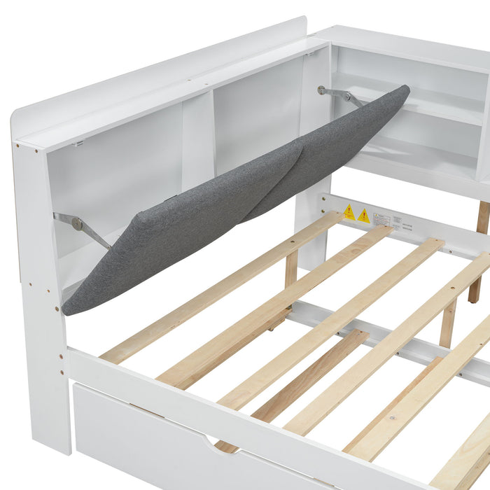 Platform Bed With Trundle, Shelves, And Storage Headboard