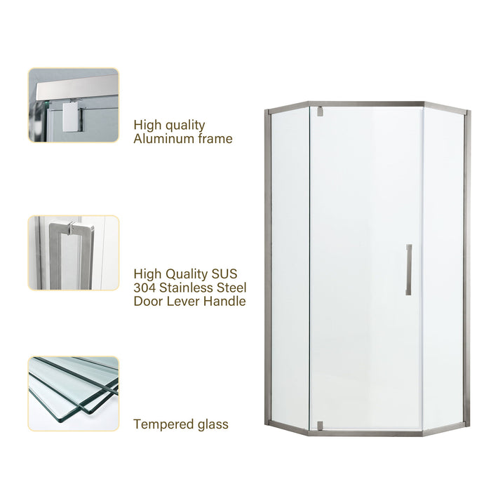 Diamond Shaped Corner Shower Door, Inward Sliding, Stainless Steel Frame