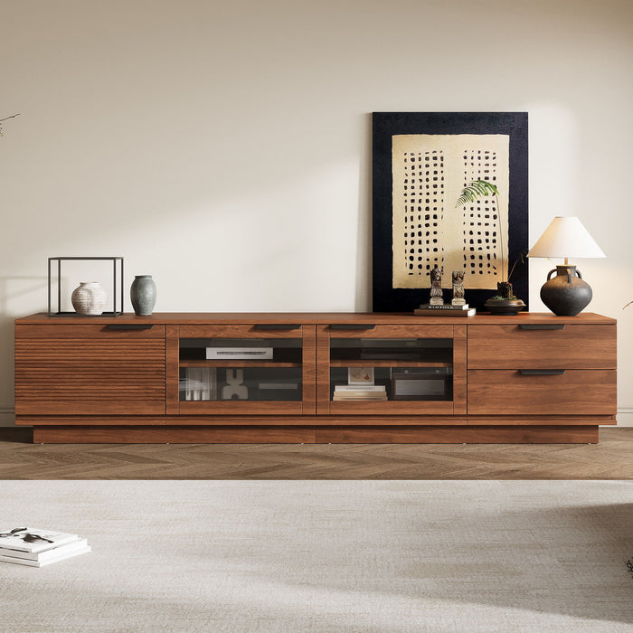 TV Stand With 2 Drawers, Doors & Cable Management, Soft Closing Hinges - Walnut