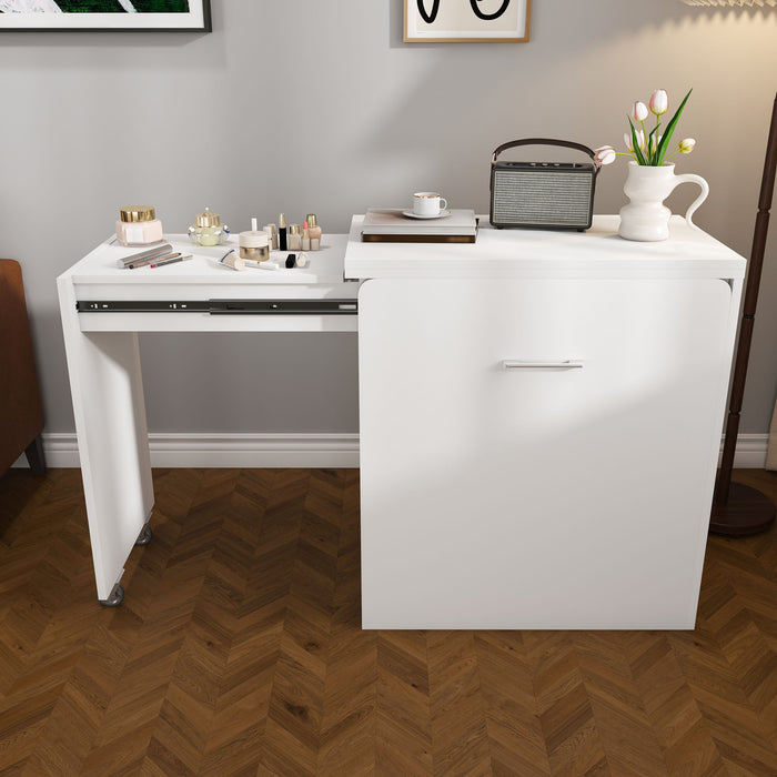 Folding Desk With Mirror And Storage Stool For Bedroom Or Apartment - White
