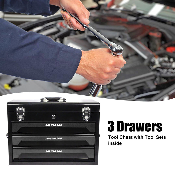 Portable 3 Drawer Steel Toolbox, 4 Layers Of Tools With Metal Latches, With Storage Tray And Carrying Handle