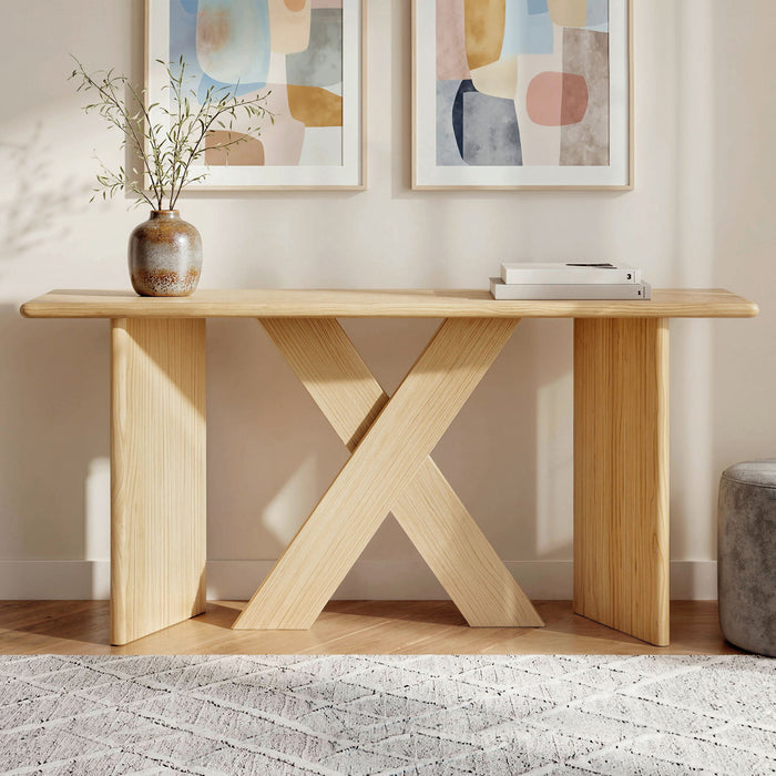 X-Frame Console Table, Angled Cross Leg Design, Rounded Edges - Natural