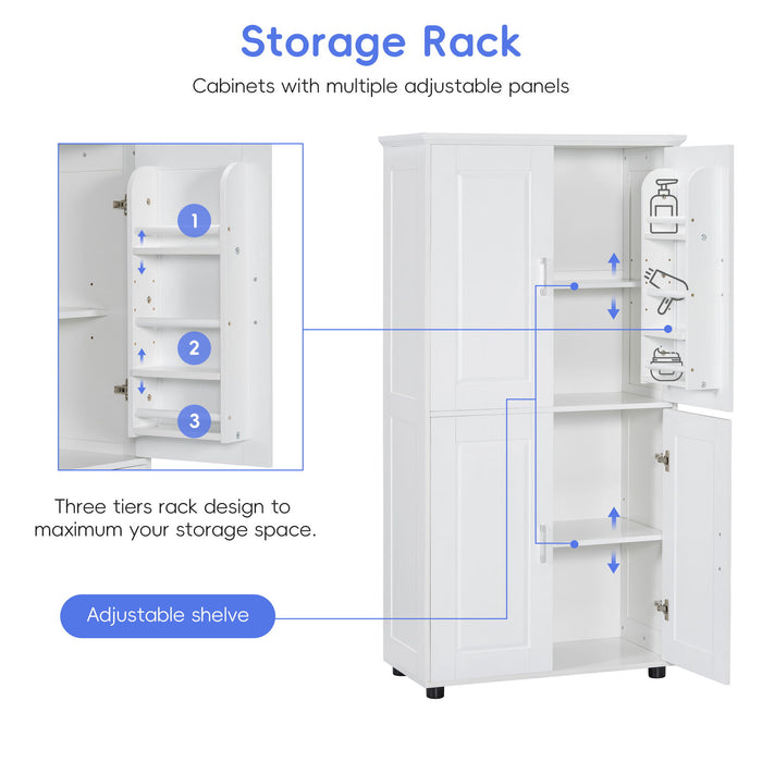 Tall And Wide Bathroom Floor Storage Cabinet With 4 Doors, Adjustable Shelves - White
