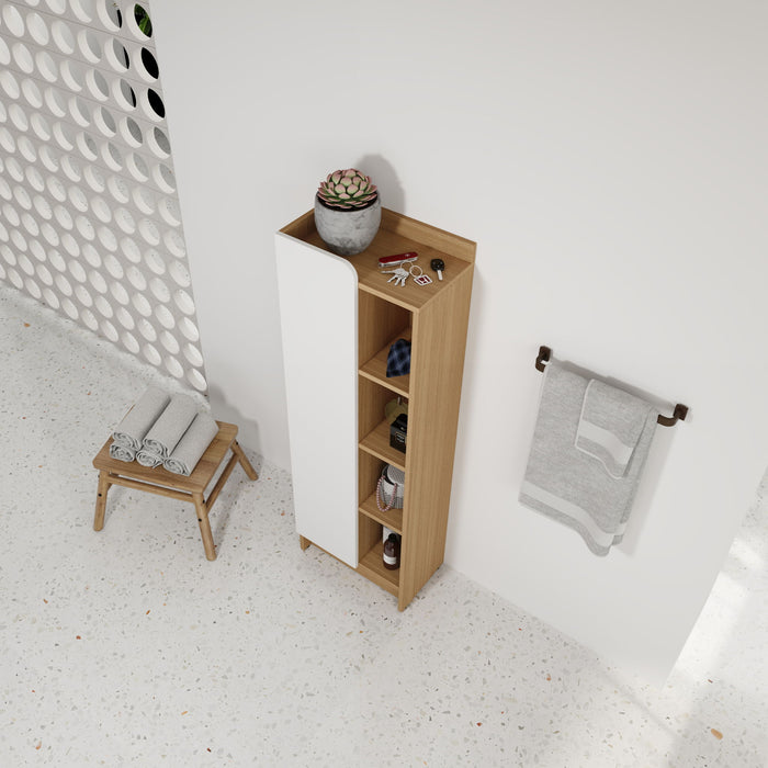 Tall Freestanding Bathroom Side Cabinet With Single Door & 4 Tier Open Shelves - Black / Light Oak / White