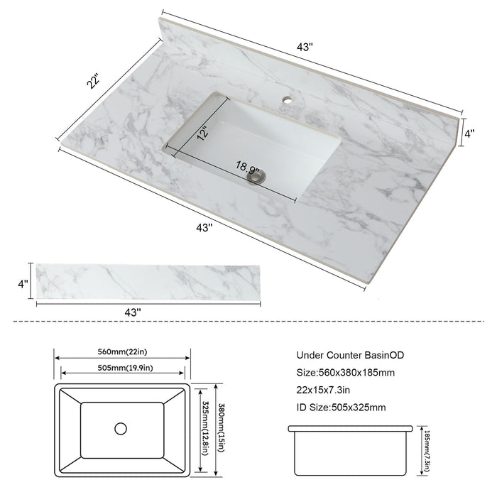Elegant Bathroom Vanity Top With Rectangular Ceramic Sink And Backsplash