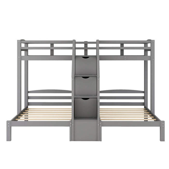 Twin Over Twin & Twin Bunk Bed With Built In Staircase And Storage Drawer - Gray