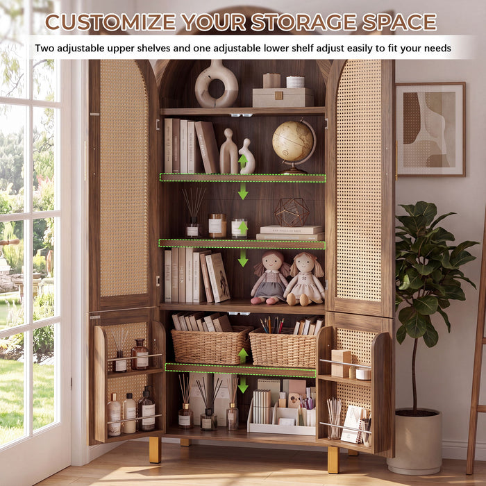 Tall Arched Cabinet With Rattan Doors & Adjustable Shelves