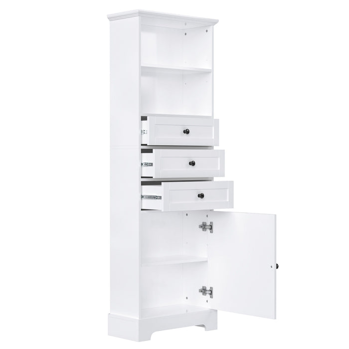 Tall Storage Cabinet With 3 Drawers And Adjustable Shelves For Bathroom