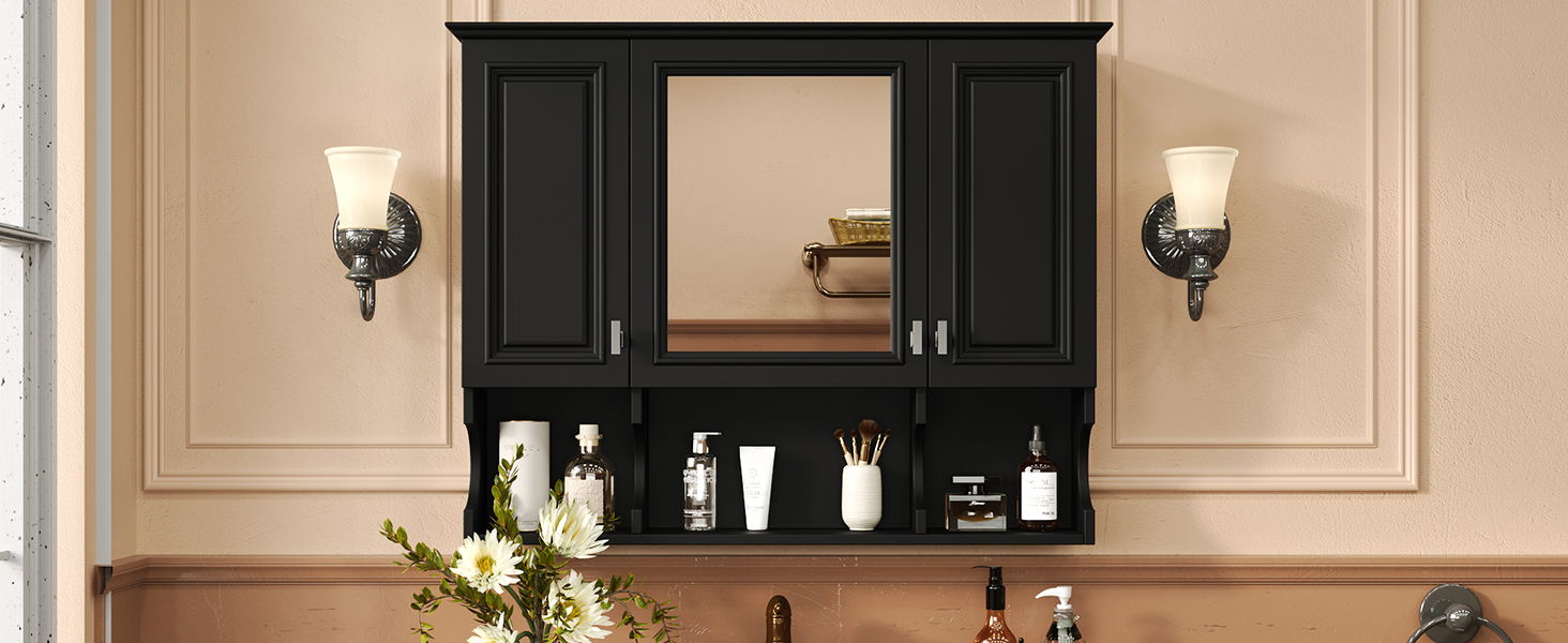 Wall Mounted Bathroom Medicine Wall Cabinet With Mirror & Open Shelves