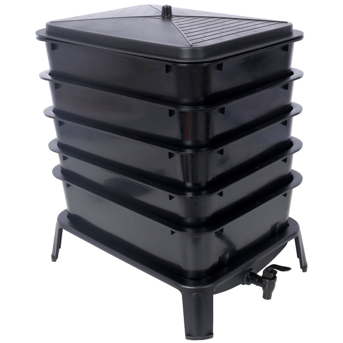 Eco Friendly 5 Layer Worm Compost Bin With 50L Capacity, Easy Setup Plastic Worm Farm Kit - Black