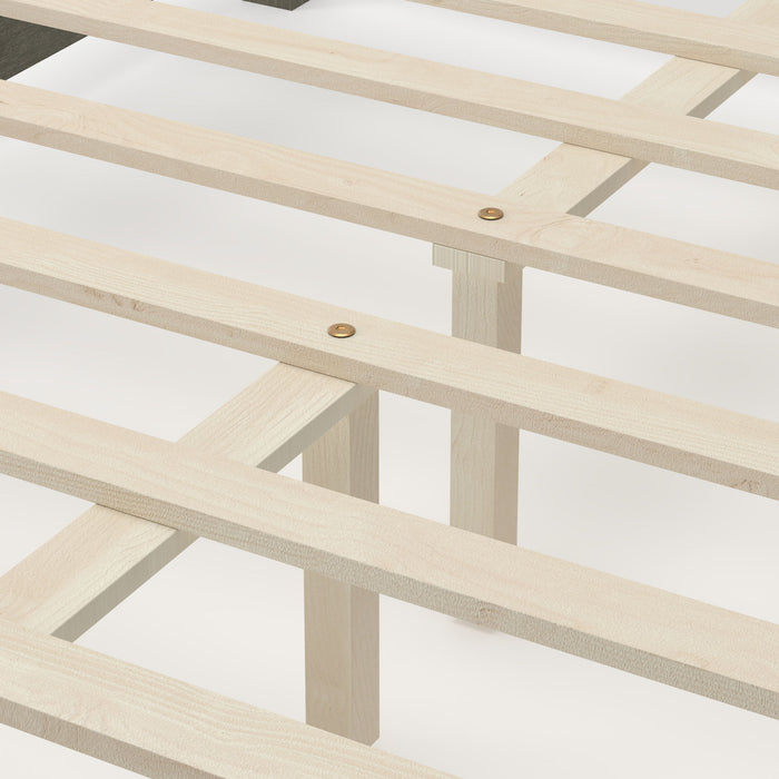Farmhouse Platform Bed Frame With Tall Linen Upholstered Headboard