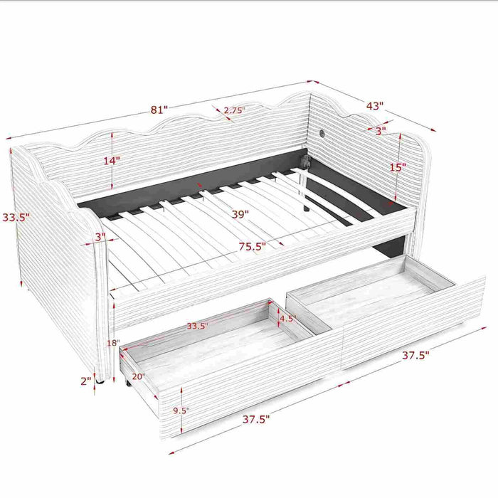 Gingham Daybed With USB Charging Port, Wave-Shaped Design