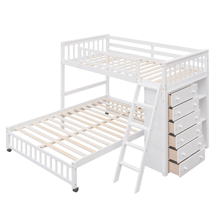Bunk Bed With 6 Drawers And Flexible Shelves, Bottom Bed With Wheels