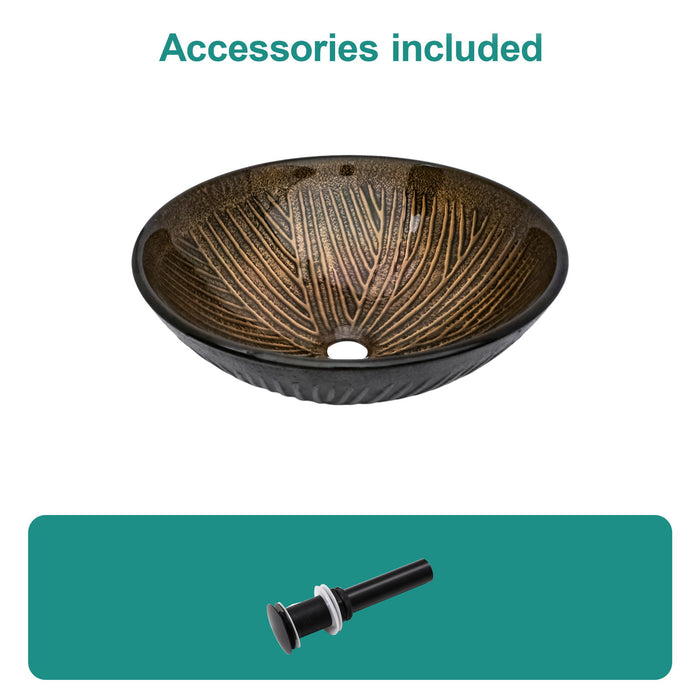 Feather Pattern Amber Vessel Sink With Pop Up Drain, Oval Bathroom Basin - Amber