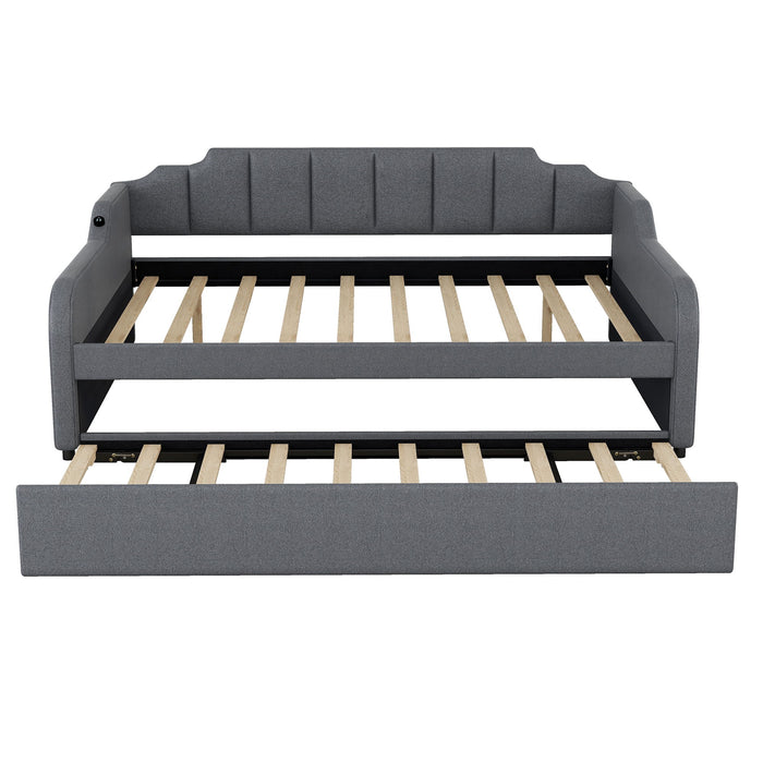 Full Size Upholstered Daybed With Trundle And USB Charging - Gray