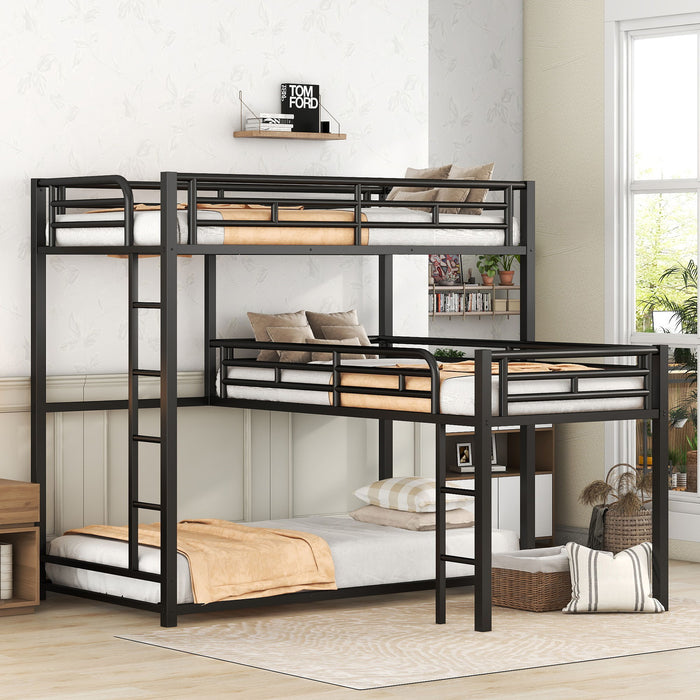 L-Shaped Triple Twin Size Bunk Bed, Industrial Design With Integrated Ladder And Full Length Guardrails - Black